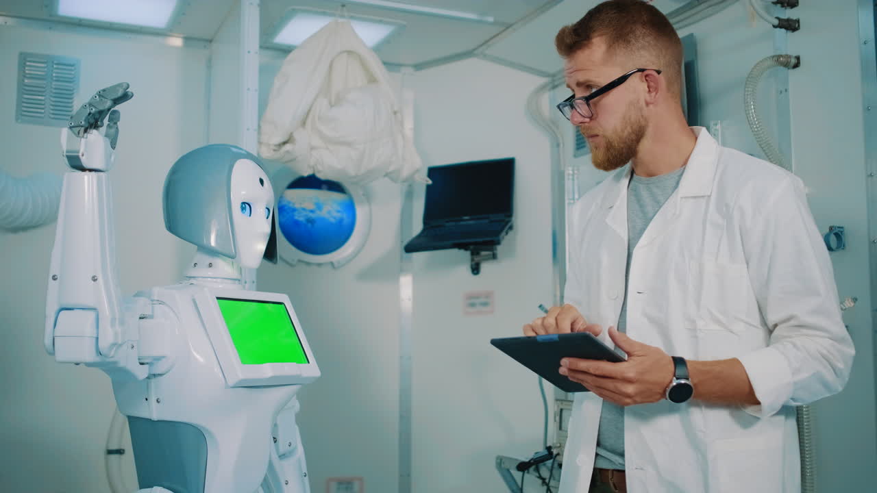científico interactúa con un robot en un entorno de laboratorio espacial