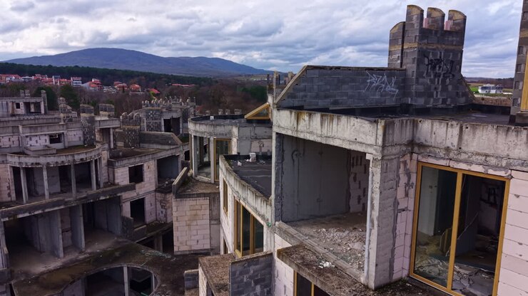 Abandoned building complex nestled in nature reveals tales of forgotten dreams and lost time