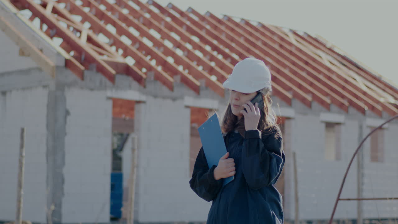 Slow motion shot of young female civil engineer talking on smartphone holding clipboard standing against incomplete building at construction site