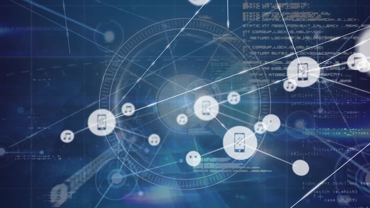 Animation of network of connections with icons over data processing on black background