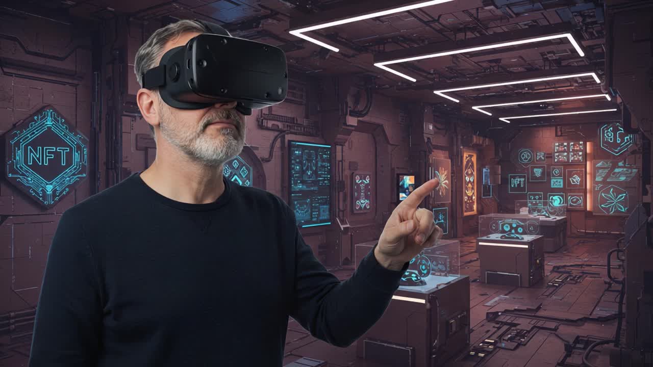 Exploring Virtual Realities: A Man Engaged with Advanced Technology in an Immersive NFT Environment Using Virtual Reality Headset
