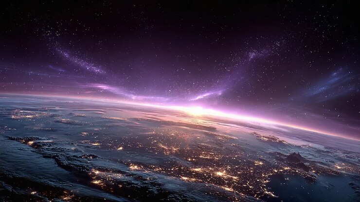 Een verbluffend overzicht van de aarde vanuit de ruimte: de betoverende schoonheid van de schemering over onze planeet vastleggen, waarbij steden en natuurwonderen worden belicht in een kosmische dans van licht