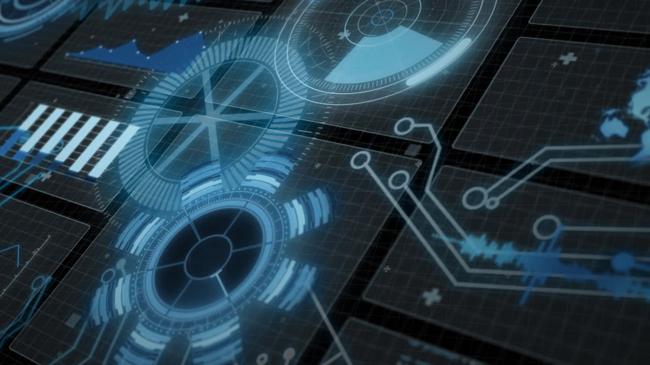 Data processing and holographic animation on futuristic digital interface over grid background