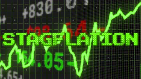 Animation-of-stagflation-text-in-green-over-graph-and-financial-data-processing