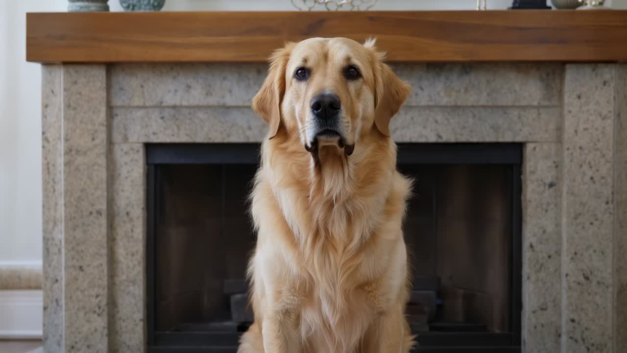 Reagierender Golden Retriever, der Kopf- und Ohrenbewegungen zu einem Geräusch außerhalb der Kamera zu Hause am Steinkamin macht
