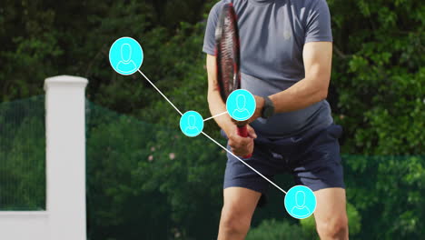 Senior man swinging racket on tennis court, showing sports analytics overlay with avatar icons