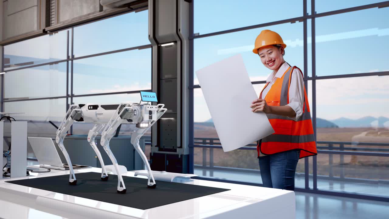 vista laterale completa del corpo di un'ingegnere asiatica con casco di sicurezza che guarda il progetto nelle sue mani mentre si trova in una fabbrica ad alta tecnologia, analizzando il concetto di macchina robotica