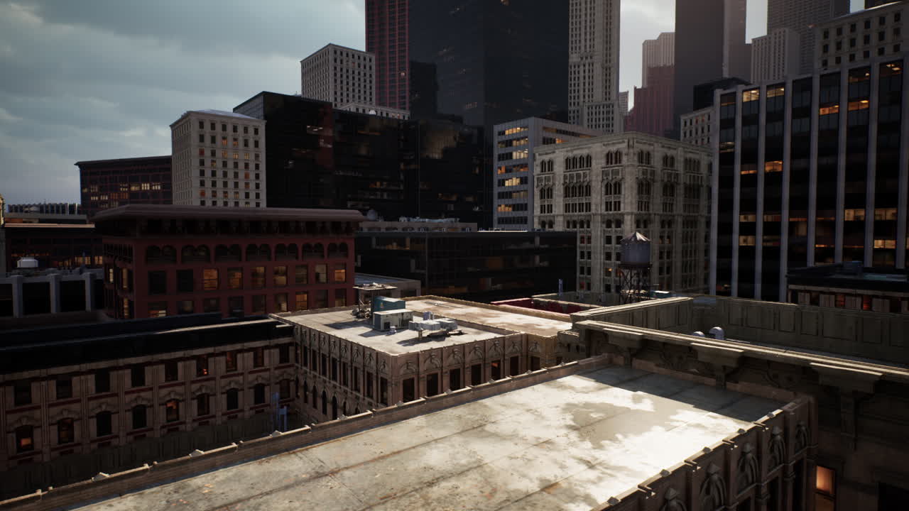 Urban rooftop view of city buildings under dramatic clouds in daylight
