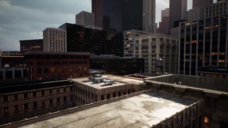 urban rooftop view of city buildings under dramatic clouds in daylight