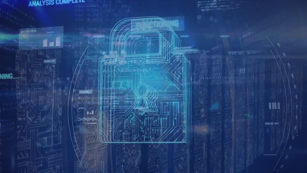 Animation of scope scanning over security padlock icon and data processing against server room