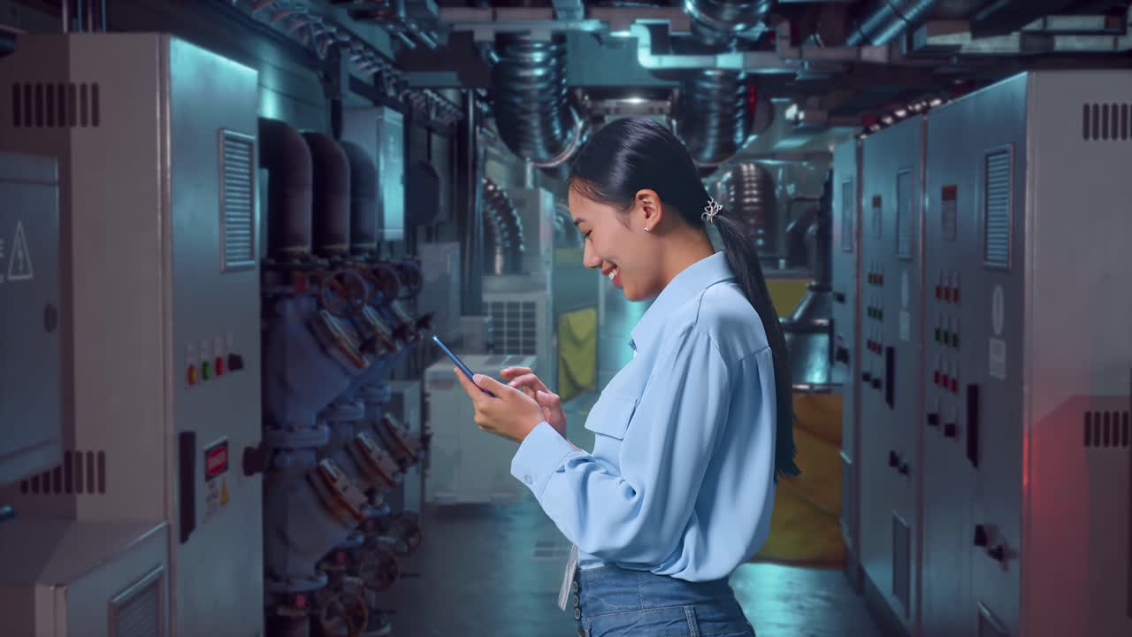 Side View Of An Asian Female Professional Worker Standing With Her Smartphone In Engine Control Room, Checking On Her Smartphone With Meditation