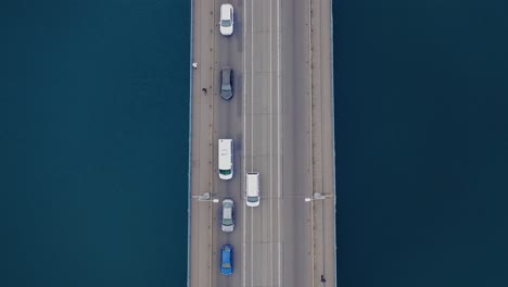 traffic jam. car traffic on the bridge over the river. view from the top. aerial view