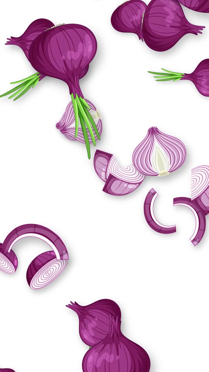 Oignons rouges entiers et tranches violettes tombant verticalement sur un fond blanc uni en animation