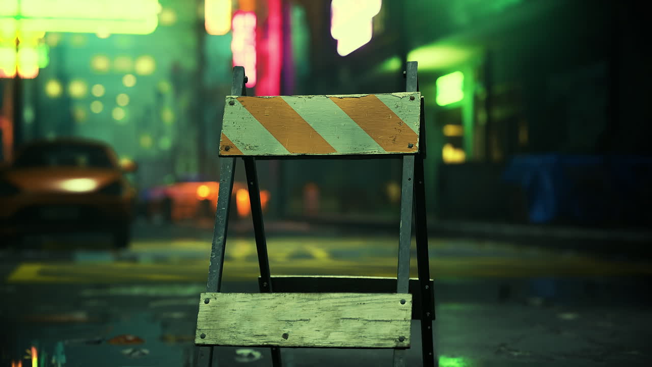 Urban construction barrier in a neon lit city at night with reflections