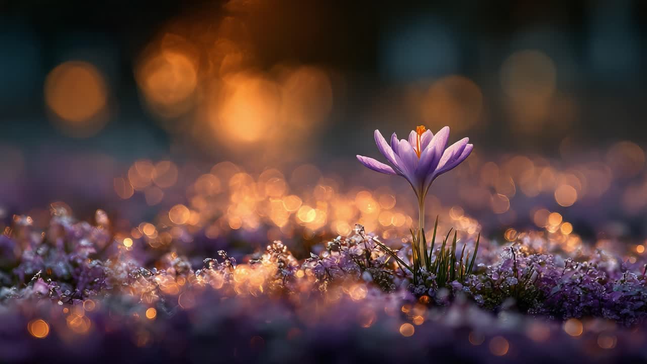 Ein fesselnder Moment einer einzelnen blühenden Krokusblüte inmitten eines schillernden Hintergrunds aus funkelndem Licht und leuchtenden Wiesenfarben bei Sonnenuntergang