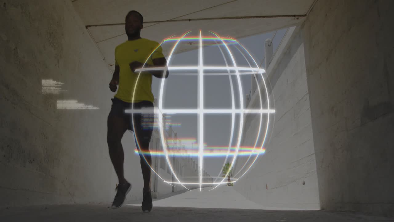 Runner emerging through sunlit exit and activating glowing globe and code overlay for tech demo