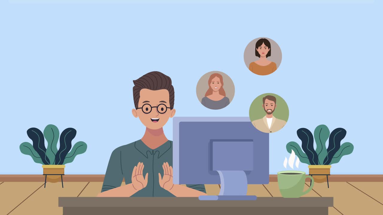 young man with desktop and community animation