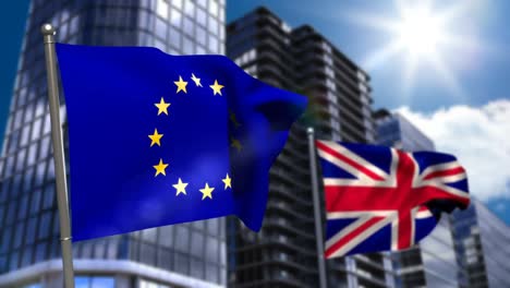la bandera de la unión y la bandera europea ondeando contra el paisaje urbano