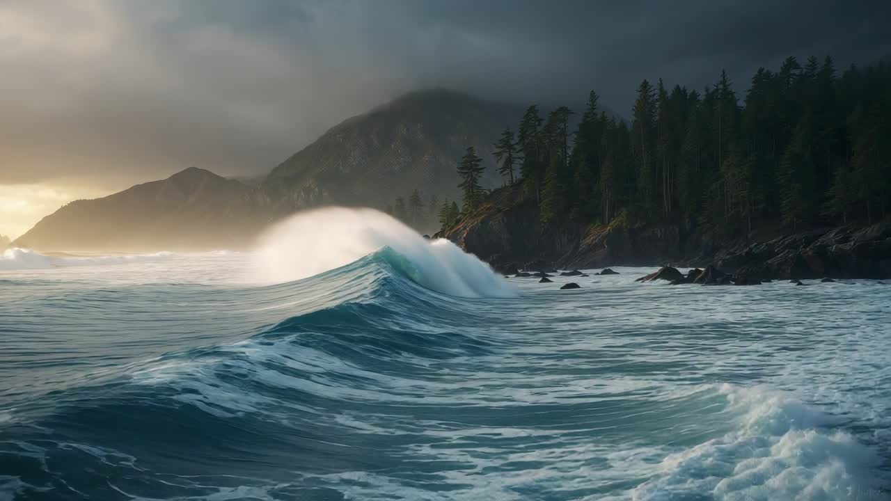 Rolling ocean swell into rocky cove under sun glow driven by breeze, curling into foam