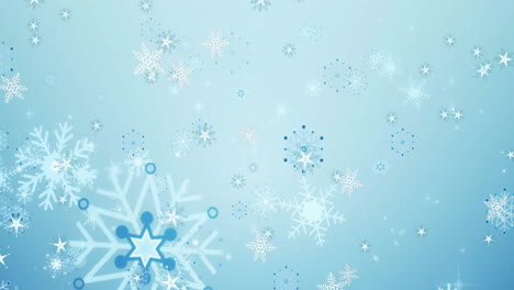 Animación-De-Estrellas-E-Iconos-De-Copos-De-Nieve-Cayendo-Sobre-Fondo-Azul-Degradado-Con-Espacio-De-Copia