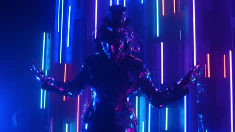 a diamond woman in steel suits is dancing. metal people.