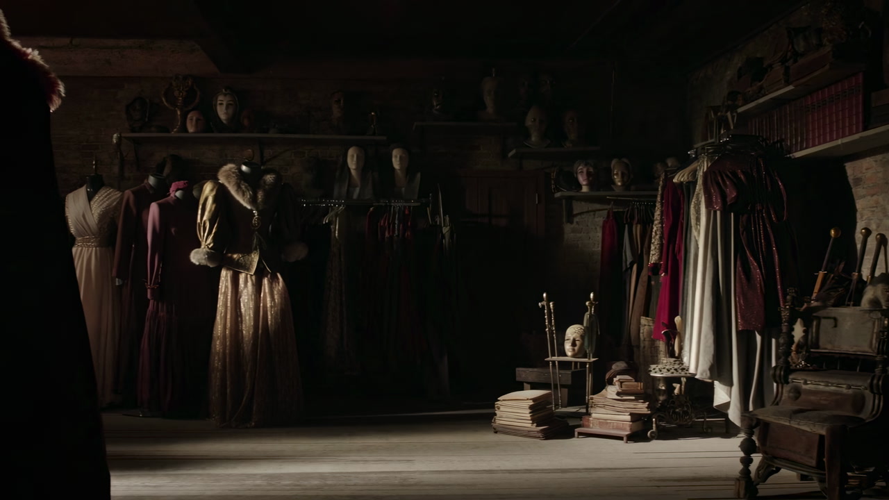 Dim Theater Wardrobe Filled With Costumes, Dusty Atmosphere, Mannequins Draped In Silk And Velvet Robes, Masks