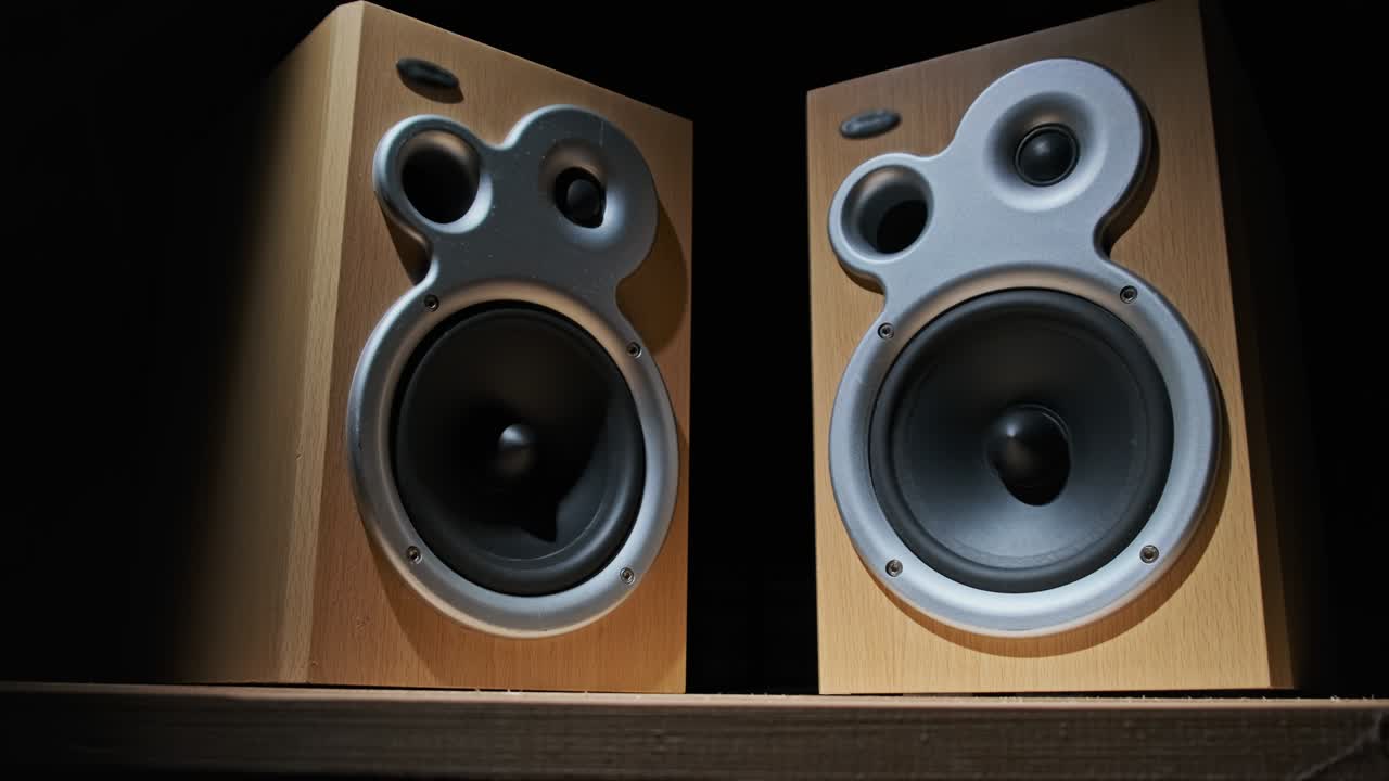 오디오 스피커는 검은색 배경에서 느린 동작으로 음향 베이스에서 진동