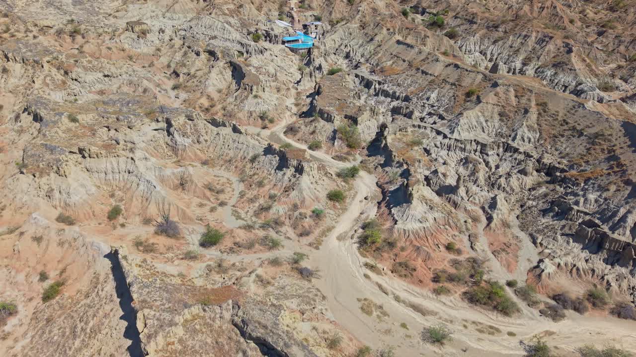 Filmagem cinematográfica de drone começa em baixa altitude sobre o deserto cinzento de Tatacoa, Colômbia, e então se eleva para revelar a Piscina Mineral natural.