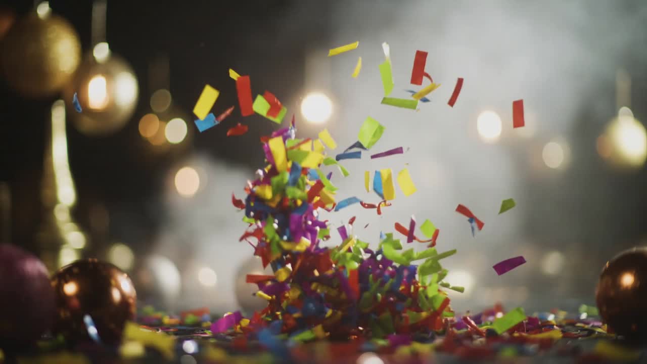 Een confettikanon schiet een confettikolom omhoog boven een glanzende tafel, voor een feest met versieringen.