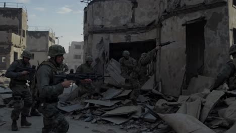 military squad moving through destroyed cityscape, wielding assault rifles and displaying tactical urban warfare techniques during intense combat mission