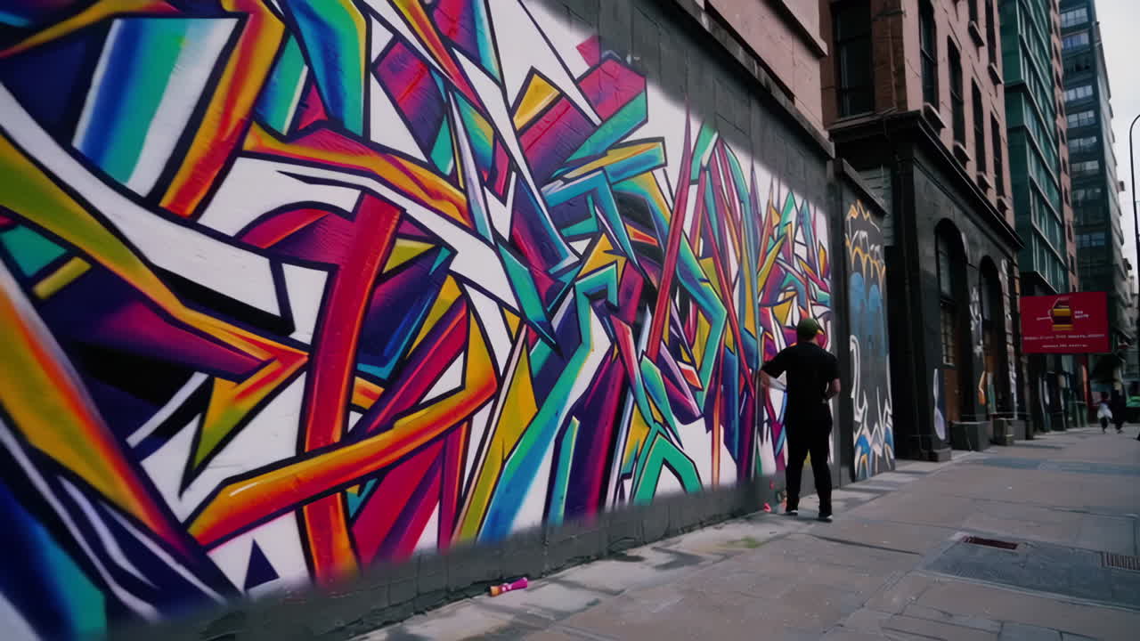 Murale di graffiti colorati su muro cittadino con persone