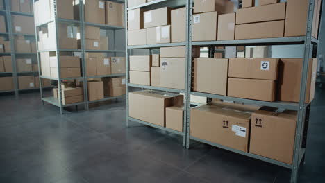 warehouse interior with cardboard boxes on metal shelves