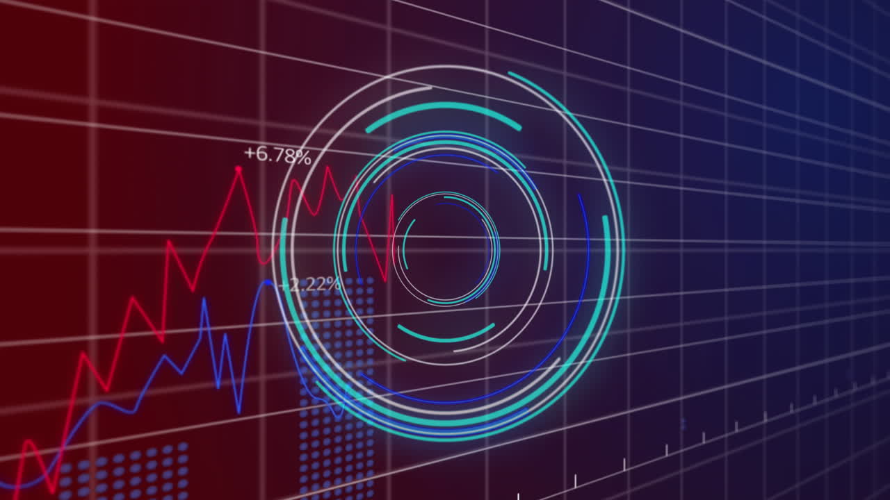 animación del escáner redondo de neón y procesamiento de datos estadísticos contra un fondo de gradiente púrpura