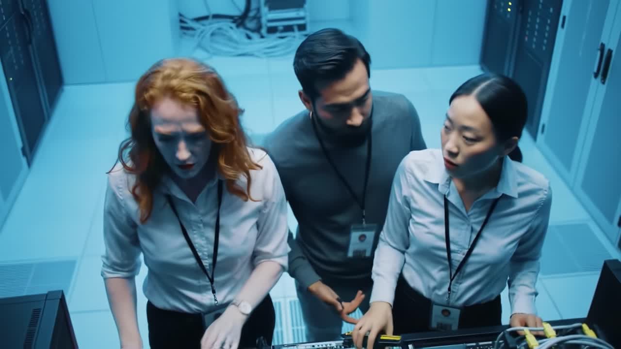 Three IT professionals collaborate intensely in a high-tech server room, showcasing teamwork as they troubleshoot complex equipment and share critical insights during a detailed discussion