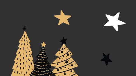 -Christmas-trees-and-stars-moving-against-grey-background