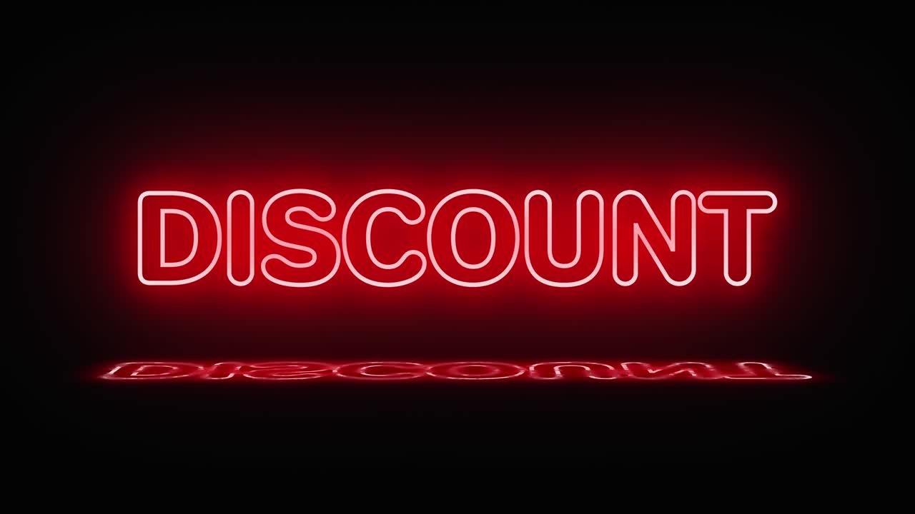 A neon sign with the word discount lights up in red. A reflection appears in the puddle. The sign turns on and off. Motion graphics.