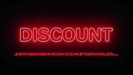 a neon sign with the word discount lights up in red. a reflection appears in the puddle. the sign turns on and off. motion graphics.