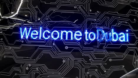 futuristic neon sign with the words welcome to dubai glowing on a dark background resembling a circuit board, symbolizing the city's focus on technology and innovation