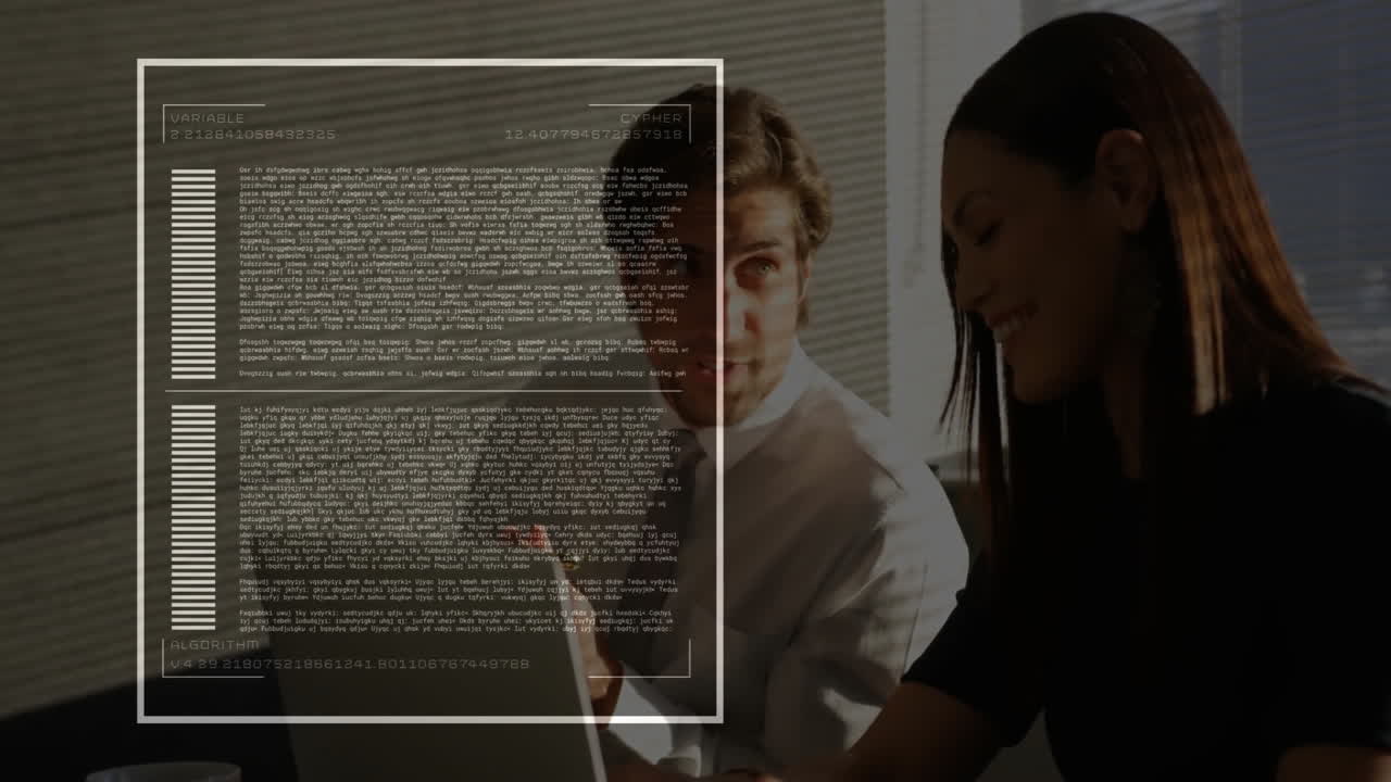 technology team collaborating on laptop, visualizing data with animated code and chart overlay