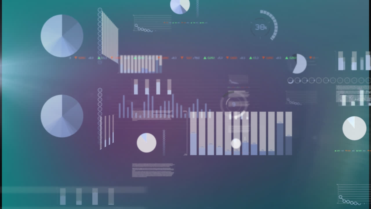 Animation of screens with statistical data processing against purple gradient background