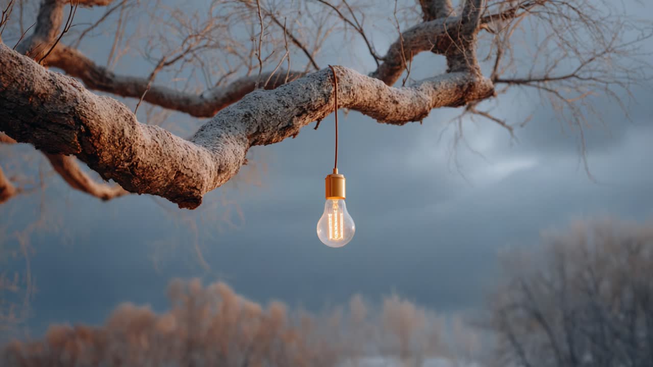 A Captivating Glow: An Elegant Light Bulb Hanging from a Frosty Branch Under a Dramatic Sky, Illuminating the Winter Landscape with Warmth and Charm