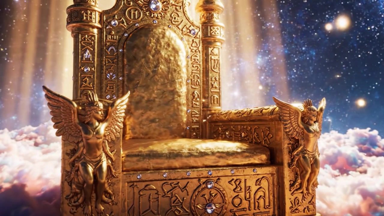 A Majestic Golden Throne Surrounded by Ethereal Clouds and Radiant Light, Symbolizing Power and Serenity in a Dreamlike Celestial Landscape