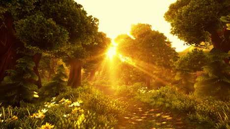 cartoon flowering green forest on sunset