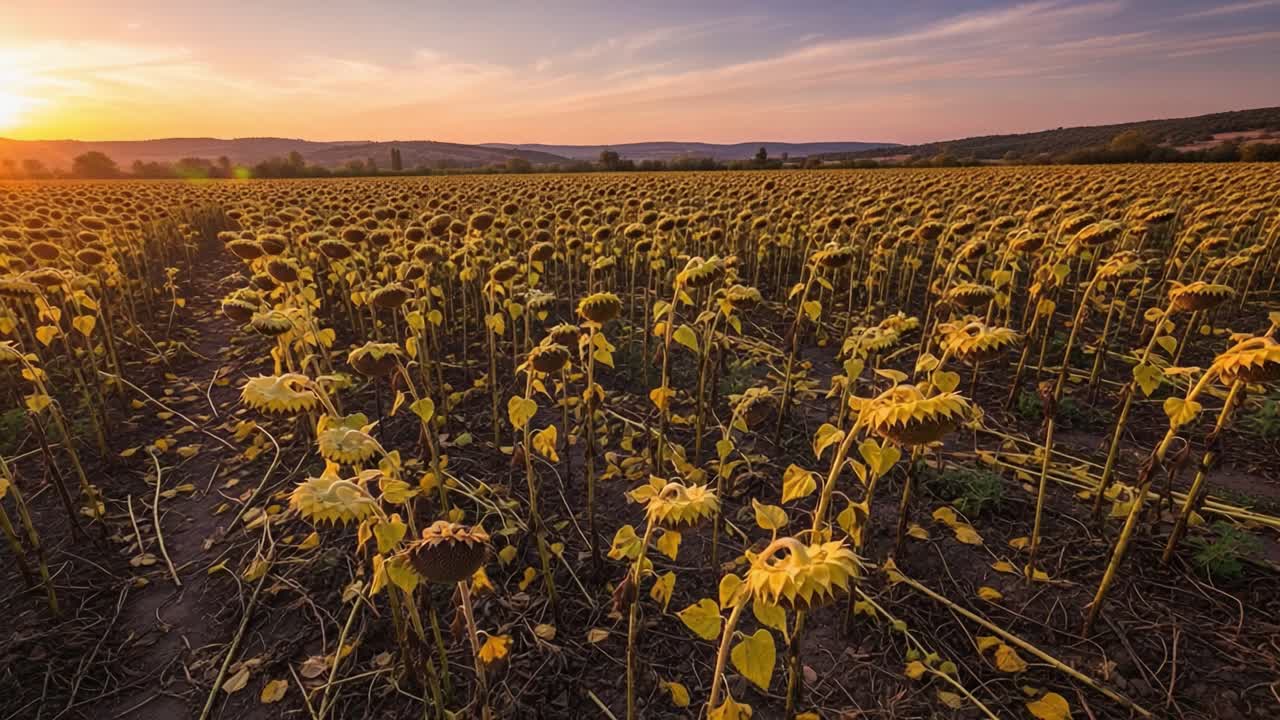 Una vista mozzafiato di un campo di girasoli al tramonto, che cattura la bellezza dei girasoli che si protendono verso gli ultimi raggi di sole in un paesaggio tranquillo