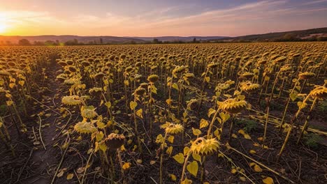 A breathtaking view of a sunflower field at sunset, capturing the beauty of sunflowers reaching for the last rays of sunlight in a tranquil landscape