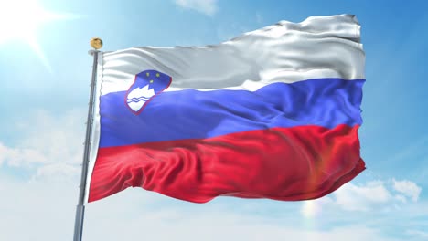 bandera de eslovenia ondeando en el viento contra el cielo azul profundo. tema nacional, concepto internacional. 3d render ciclo sin costuras 4k