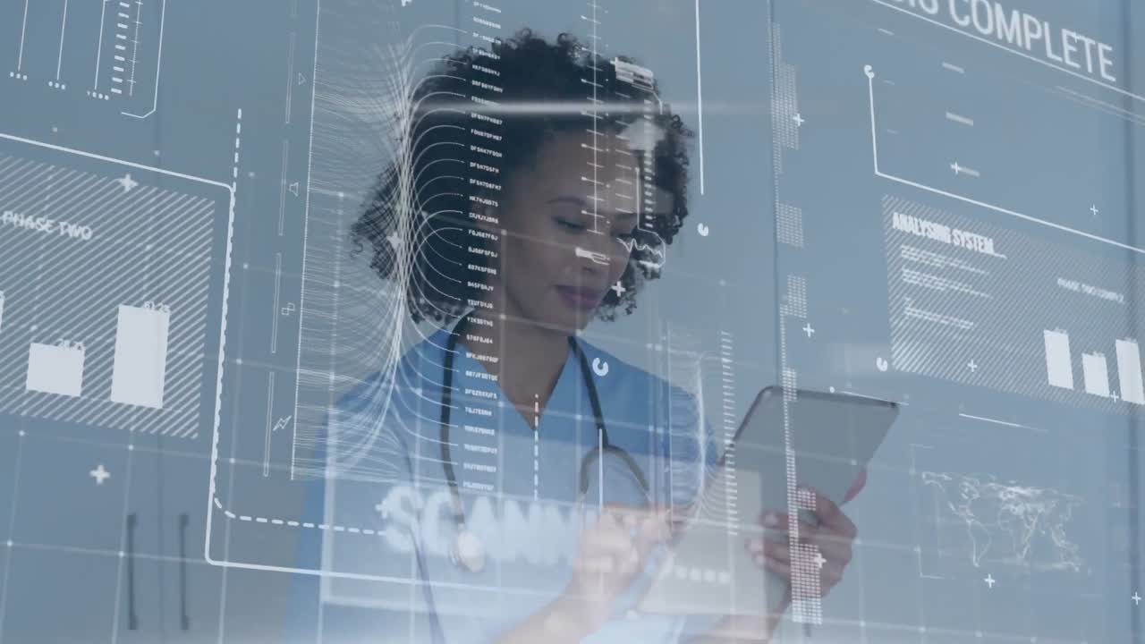 Animation of data processing over african american female doctor using tablet