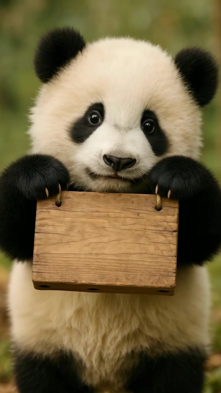 Simpatico cucciolo di panda che tiene un cartello di legno vuoto