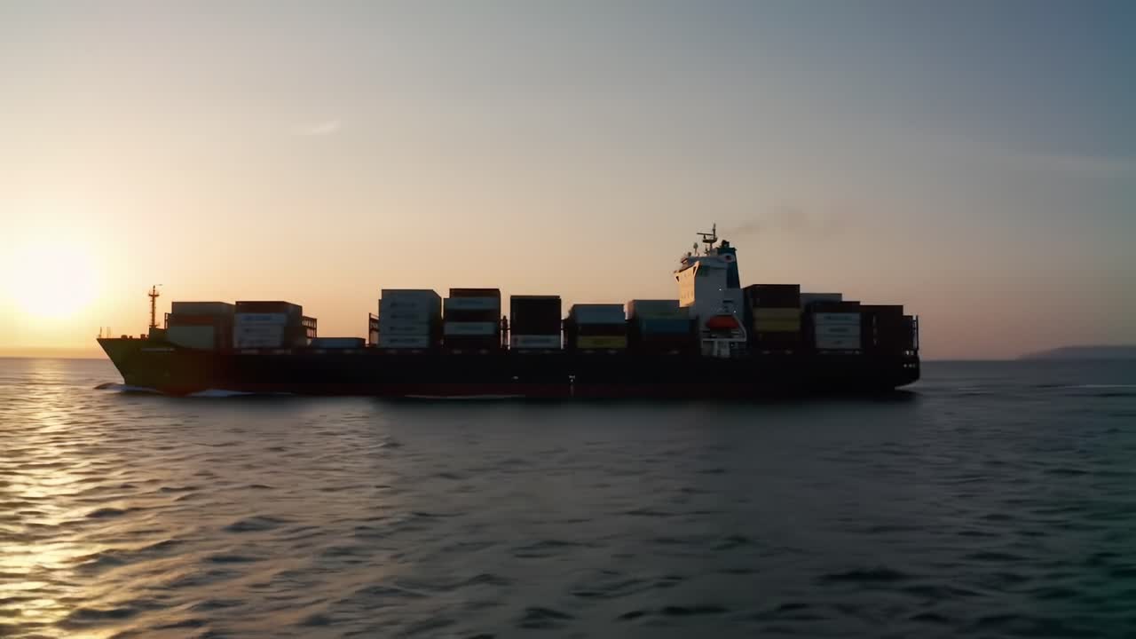 A majestic cargo ship sails through tranquil waters at sunset, silhouetted against a vibrant orange sky, showcasing the beauty of maritime transportation and global trade.