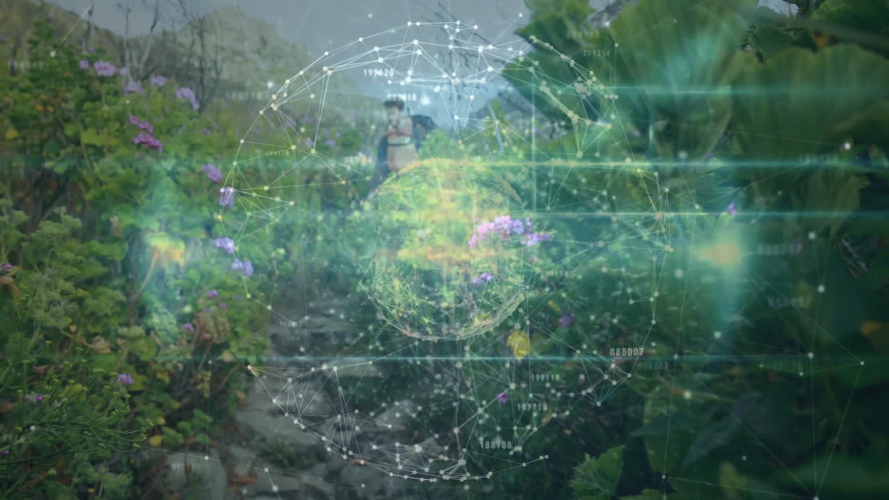 Male hiker walking along stone path, viewing handheld device, exploring technology network overlay